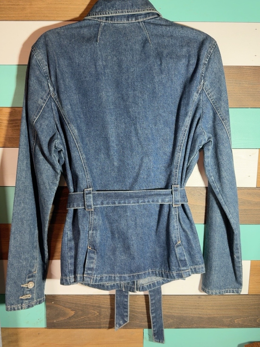 French Cuff Women’s Large Belted Denim Safari Jacket 4 Pocket Western Y2K - Picture 2 of 3